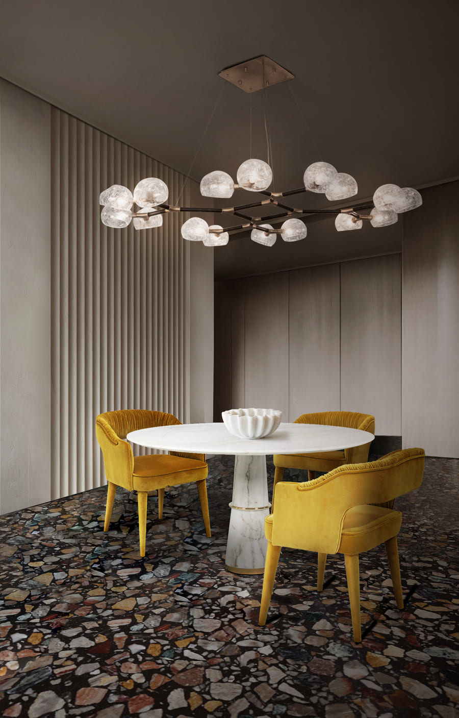 Modern dining room with yellow chairs